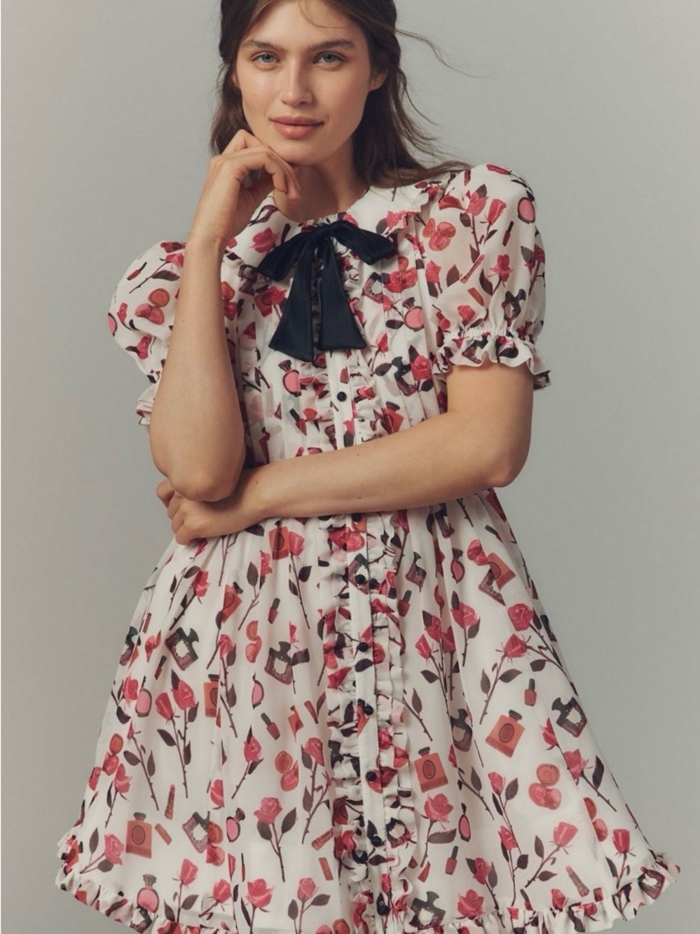 Anthropologie Pink Floral Babydoll Dress with Black Bow — 2X